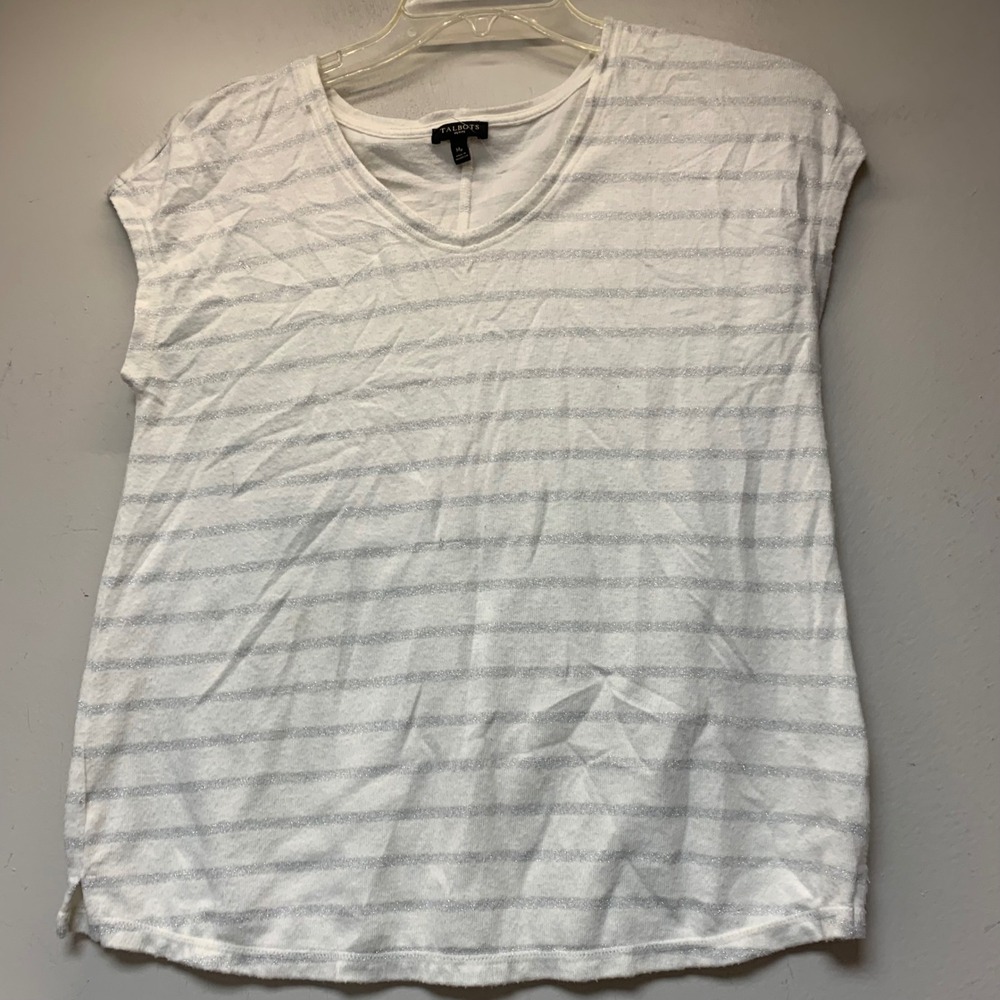 Talbots Knit Top Womens Medium Petite White Silver Excellent Metallic Striped